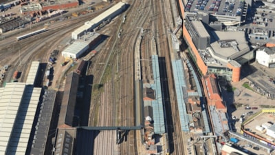 Railway switches and crossings at a junction with multiple tracks converging