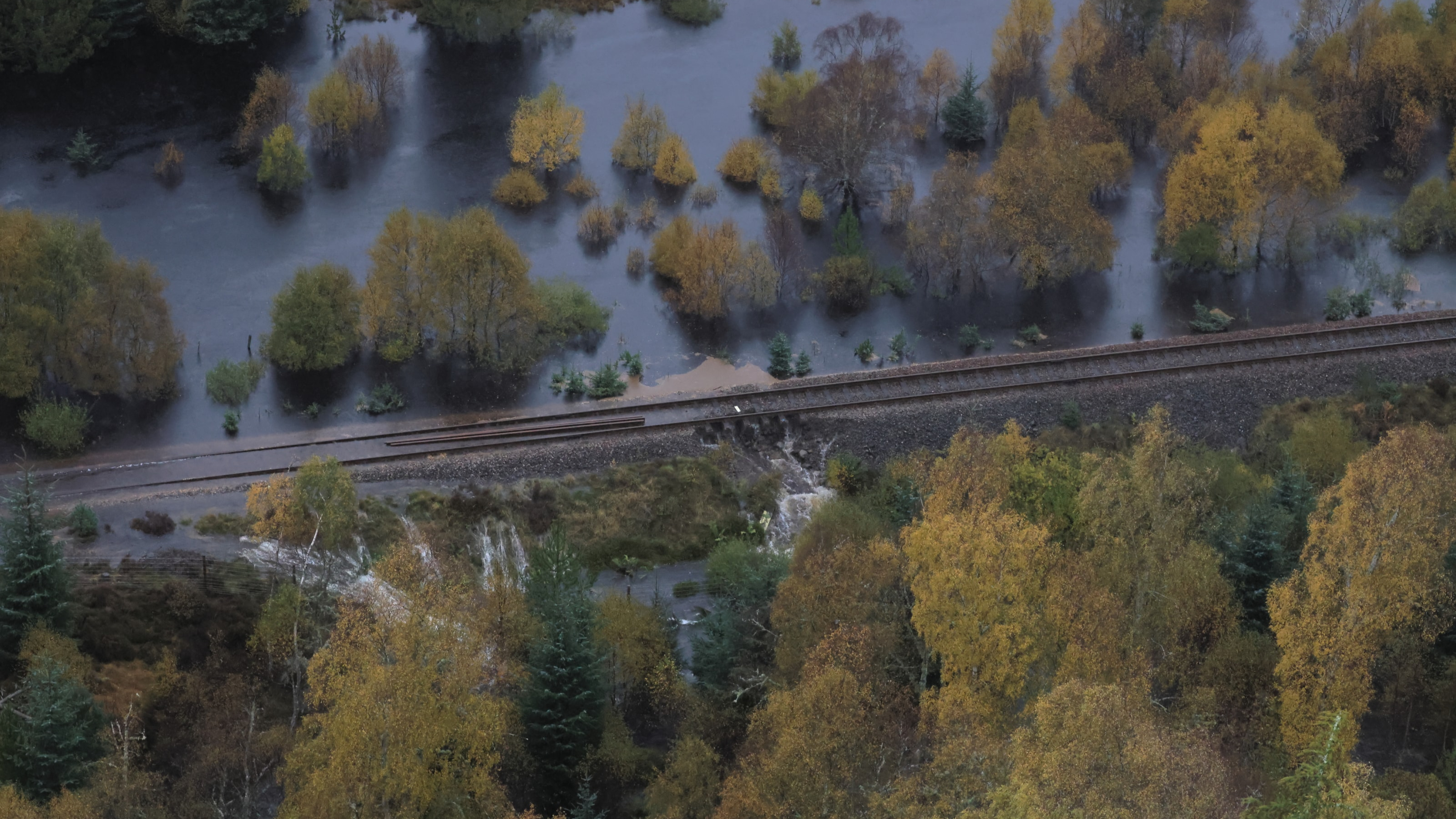 Flood water across a railway line in Scotland during severe weather